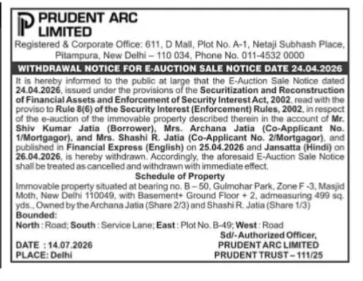 Public Notice: Cancellation of E-Auction Sale (Prudent ARC Limited)