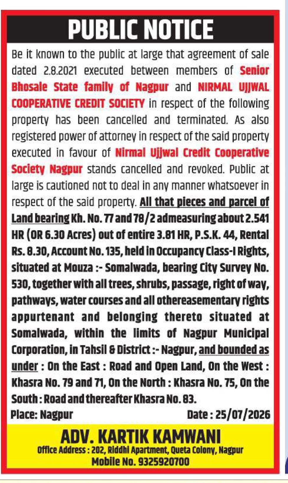 Public Notice: Cancellation of Sale Agreement and Power of Attorney for Somalwada Land (Nagpur