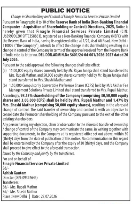 Public Notice: Change in Shareholding and Control of Finagle Financial Services Private Limited