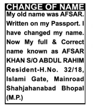 Public Notice: Change of Name- Afsar khan