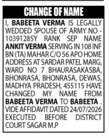 Public Notice: Change of Name (Babeeta Verma to Babeeta)