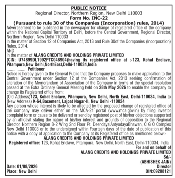 Public Notice: Change of Registered Office for Alang Credits and Holdings Private Limited