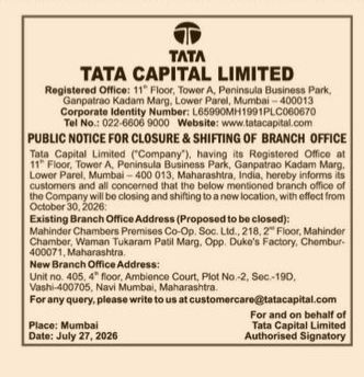 Public Notice: Closure and Shifting of Tata Capital Branch Office