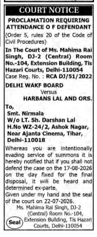 Public Notice: Court Proclamation for Defendant Attendance (Delhi Wakf Board vs. Harbans Lal & Ors.)
