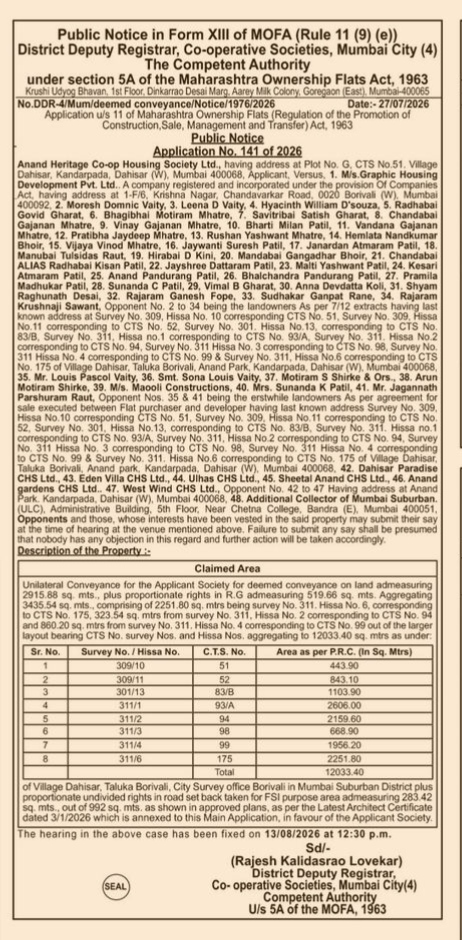 Public Notice: Deemed Conveyance Application for Anand Heritage Co-op Housing Society Ltd.