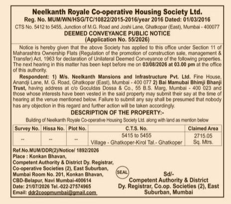 Public Notice: Deemed Conveyance of Neelkanth Royale Co-operative Housing Society Ltd.