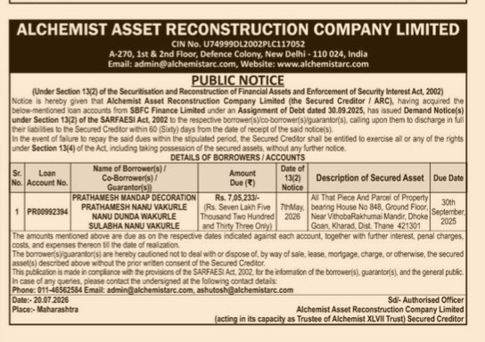 Public Notice: Demand Notice under SARFAESI Act, 2002 by Alchemist Asset Reconstruction Company Limited