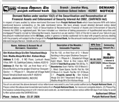 Public Notice: Demand Notice Under Section 13(2) of SARFAESI Act, 2002
