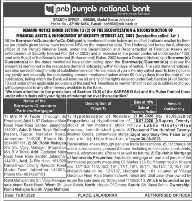 Public Notice: Demand Notice Under Section 13(2) of the SARFAESI Act, 2002 by Punjab National Bank