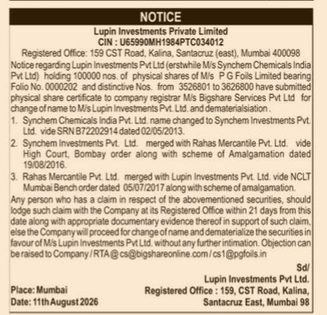 Public Notice: Dematerialisation and Change of Name for P G Foils Limited Shares