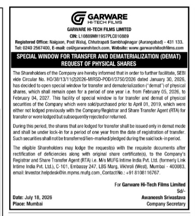 Public Notice: Dematerialization and Transfer of Physical Shares for Garware Hi-Tech Films Shareholders