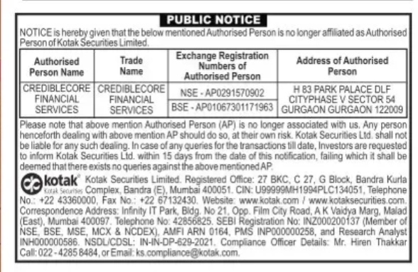 Public Notice: Disaffiliation of Crediblecore Financial Services by Kotak Securities Limited