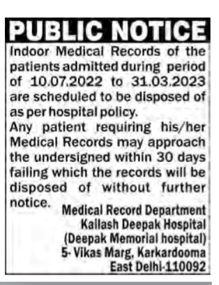 Public Notice: Disposal of Indoor Medical Records (Kailash Deepak Hospital