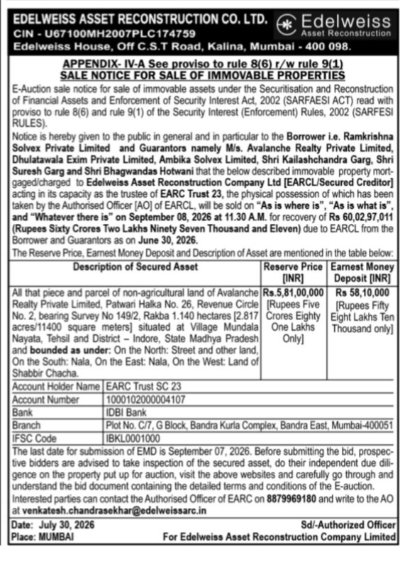 Public Notice: E-Auction Sale of Immovable Property by Edelweiss Asset Reconstruction Co. Ltd.