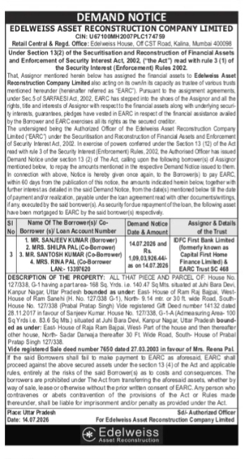 Public Notice: Edelweiss Demand Notice for Loan Account 13397620