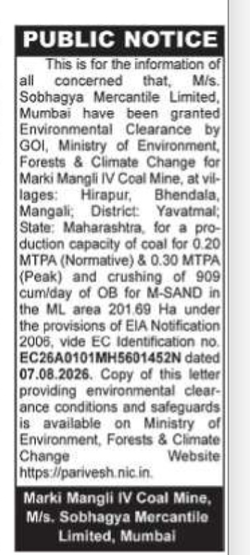 Public Notice: Environmental Clearance for Marki Mangli IV Coal Mine