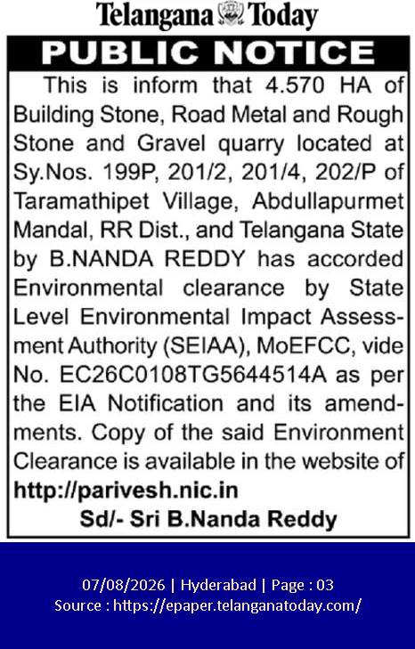 Public Notice: Environmental Clearance for Taramathipet Quarry