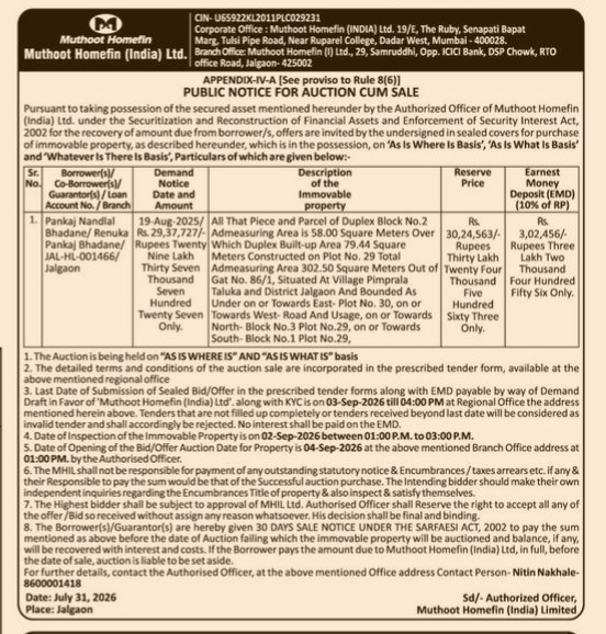 Public Notice for Auction Cum Sale by Muthoot Homefin (India) Ltd.