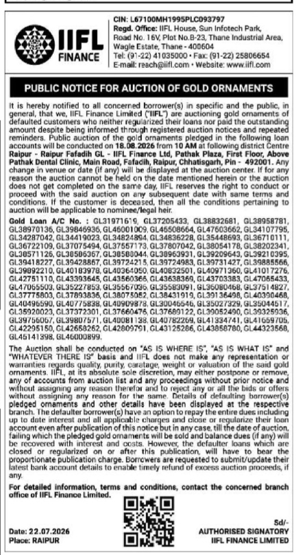 Public Notice for Auction of Gold Ornaments by IIFL Finance