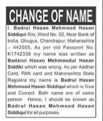 Public Notice for Change of Name.