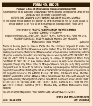 Public Notice for Change of Registered Office (Pacific Habitats India Private Limited)