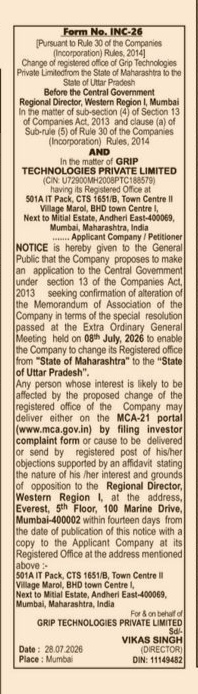Public Notice for Change of Registered Office State (Form No. INC-26) - Grip Technologies Private Limited