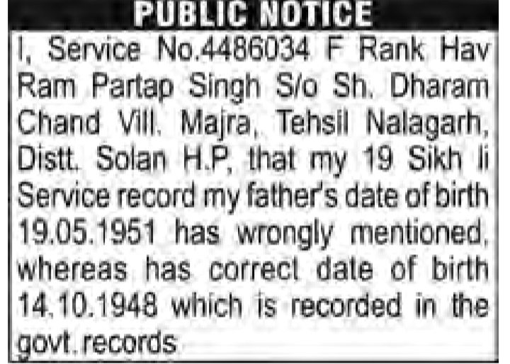 Public Notice for Date of Birth Correction in Service Records