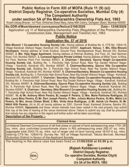 Public Notice for Deemed Conveyance - Application No. 57 of 2018 (Ekta Bhoomi 1 Co-operative Housing Society Ltd.)