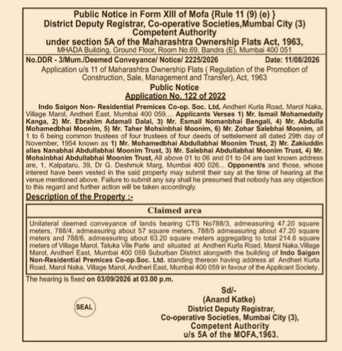Public Notice for Deemed Conveyance (Indo Saigon Non-Residential Premises Co-op. Soc. Ltd.)