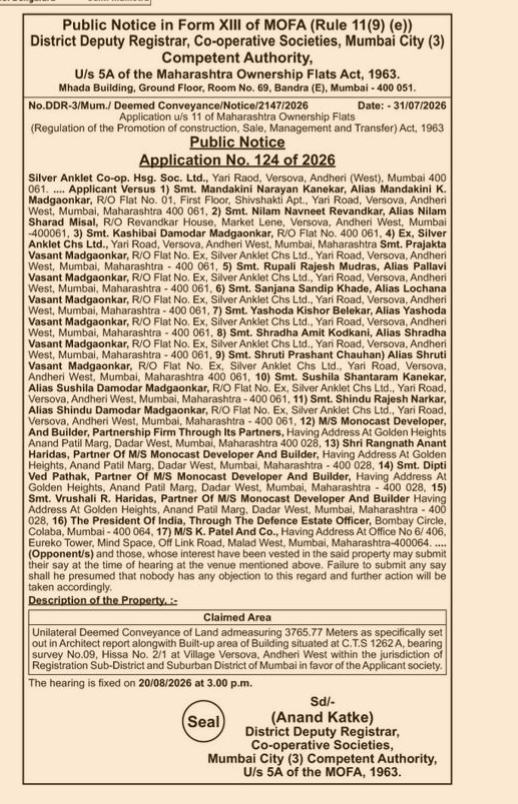 Public Notice for Deemed Conveyance of Silver Anklet Co-op. Hsg. Soc. Ltd.