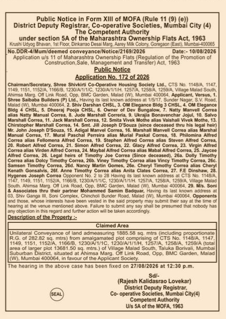 Public Notice for Deemed Conveyance: Shree Shivkirti Co-Operative Housing Society Ltd.
