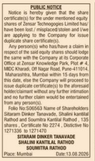 Public Notice for Duplicate Share Certificates of Zensar Technologies Limited
