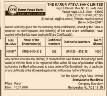 Public Notice for Duplicate Share Certificates