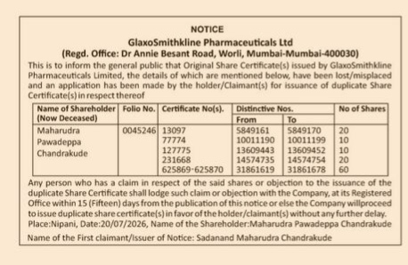 Public Notice for Duplicate Share Certificates