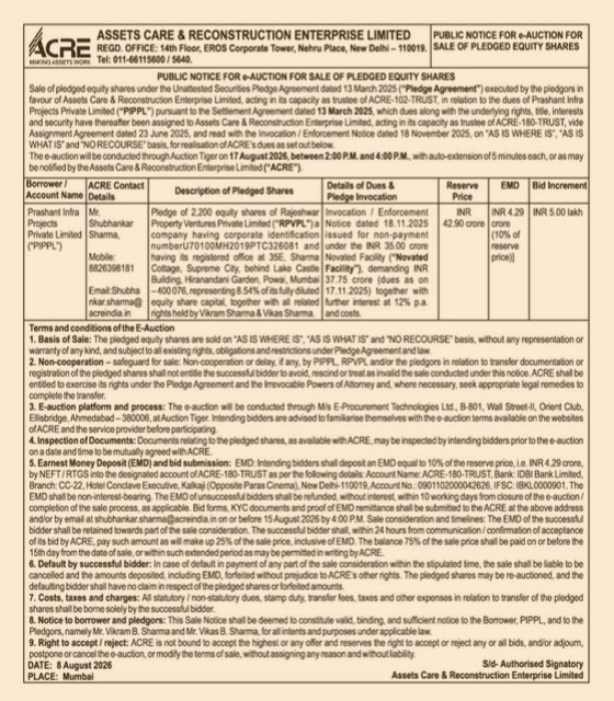 PUBLIC NOTICE FOR e-AUCTION FOR SALE OF PLEDGED EQUITY SHARES