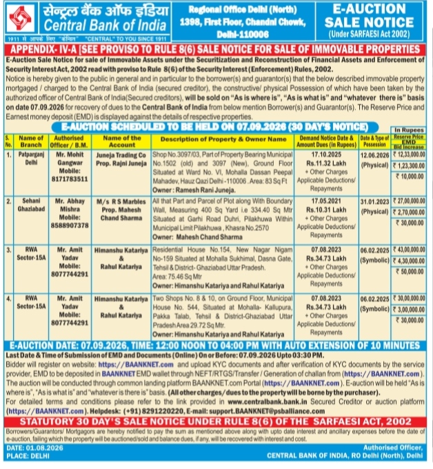 Public Notice for E-Auction of Immovable Properties under SARFAESI Act