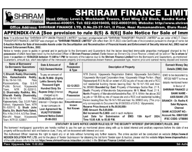 Public Notice for E-Auction of Immovable Property by Shriram Finance Limited