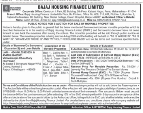 Public Notice for E-Auction of Movable Properties by Bajaj Housing Finance Limited