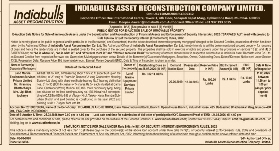 Public Notice for E-Auction Sale: Land Marine Equipment Services Private Limited