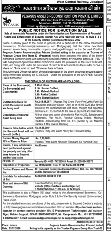 Public Notice for E-Auction Sale - Pegasus Assets Reconstruction Private Limited