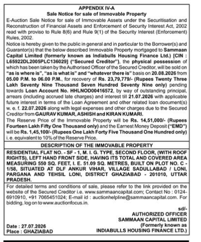 Public Notice for E-Auction Sale under SARFAESI Act, 2002