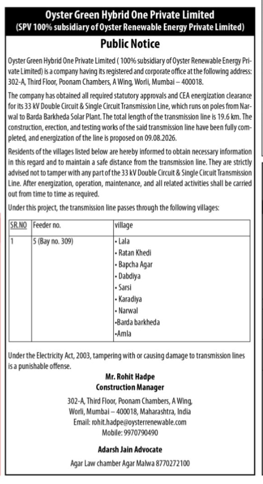 Public Notice for Energization of 33 kV Transmission Line