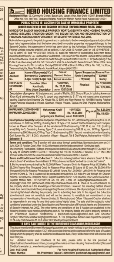 PUBLIC NOTICE FOR IMMOVABLE PROPERTIES BY HERO HOUSING FINANCE LIMITED