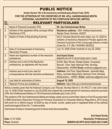 Public Notice for Insolvency Resolution of Mr. Atul Harkishandas Mehta
