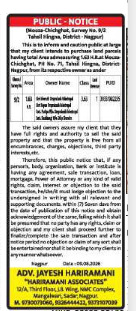 Public Notice for Intended Land Purchase - Mouza-Chichghat, Nagpur