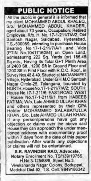 PUBLIC NOTICE FOR INTENDED PROPERTY PURCHASE BY MOHAMMED ABDUL KHALEQ