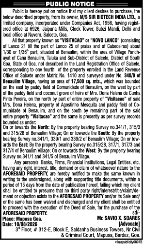 Public Notice for Intended Purchase of Property at Benaulim, Goa