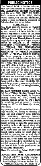 Public Notice for Intended Purchase of Property at Siridao, Goa