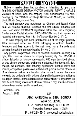Public Notice for Intended Purchase of Property 'Kitla' in Salvador do Mundo, Goa