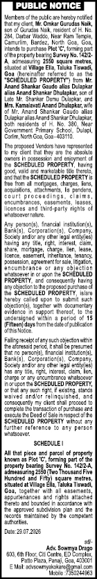 Public Notice for Intended Purchase of Property (Plot 'C', Village Ella, Goa)
